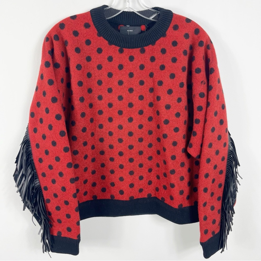 Alanui Leather Fringe Polka Dot Wool Crewneck Sweater Size XS NWT Black Red